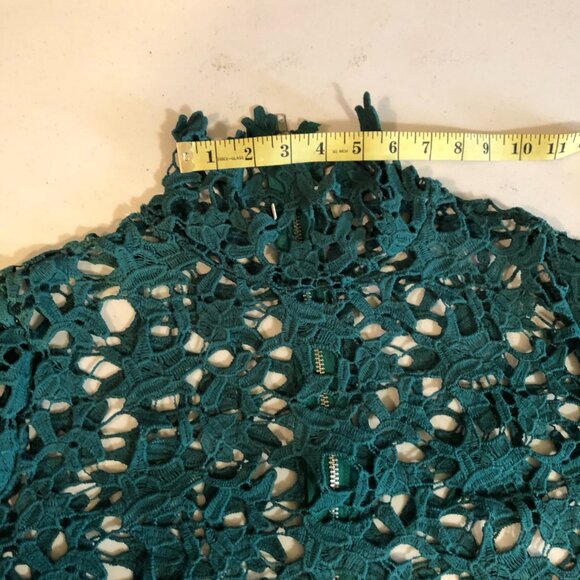 Green Lace Floor Length Dress with high collar and a teal satin sash, Size M - Picture 8 of 11